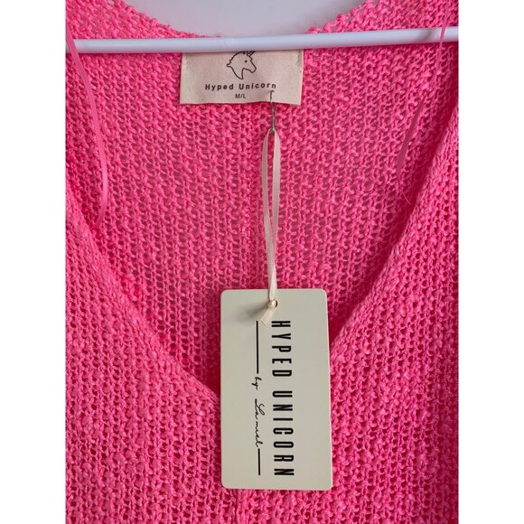 Womens Hyped Unicorn Pink Knit Sweater M/L 3/4 Sleeve Boxy Relaxed NWT 7511 - Picture 2 of 7